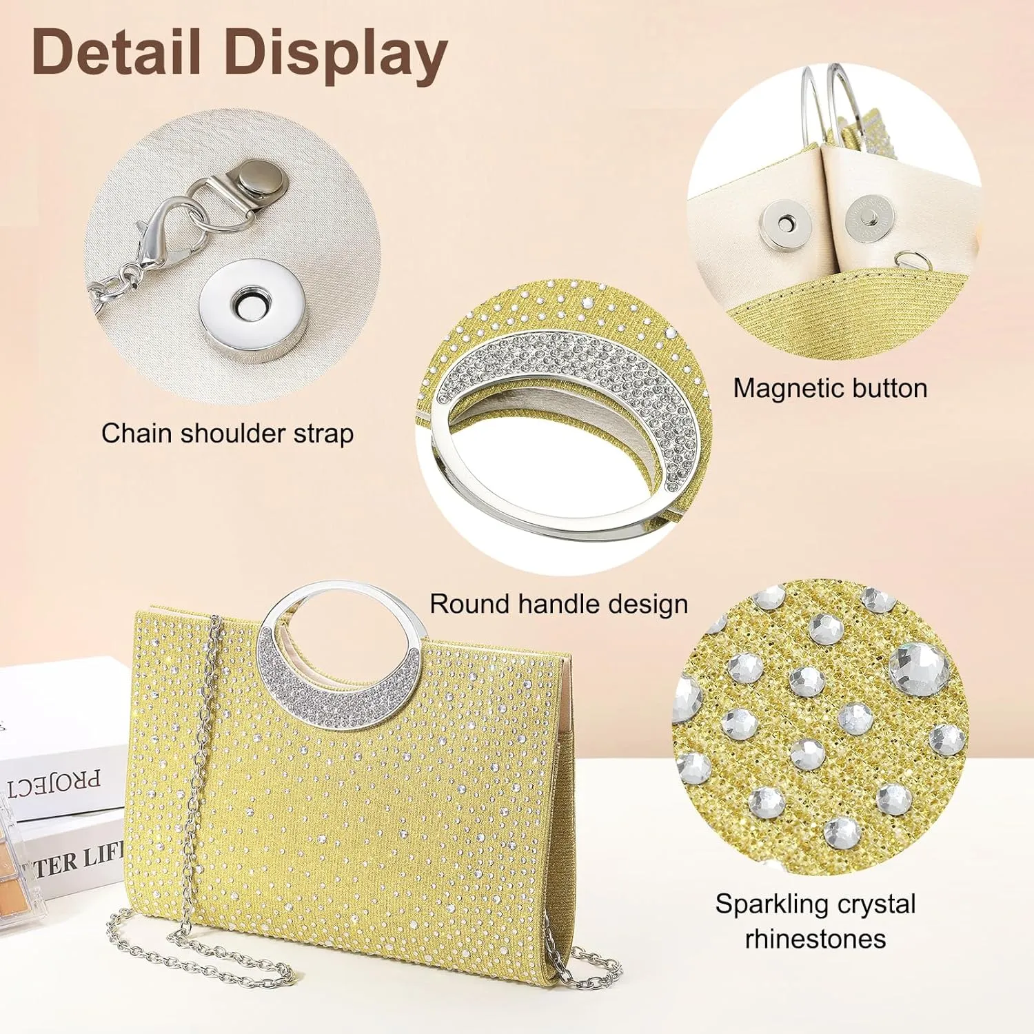 Evening Bags Clutch Purses for Women Formal, Rhinestone Handbags Purse CrossBody Handbag with Chain Sparkly for Wedding Guest Party, Gold