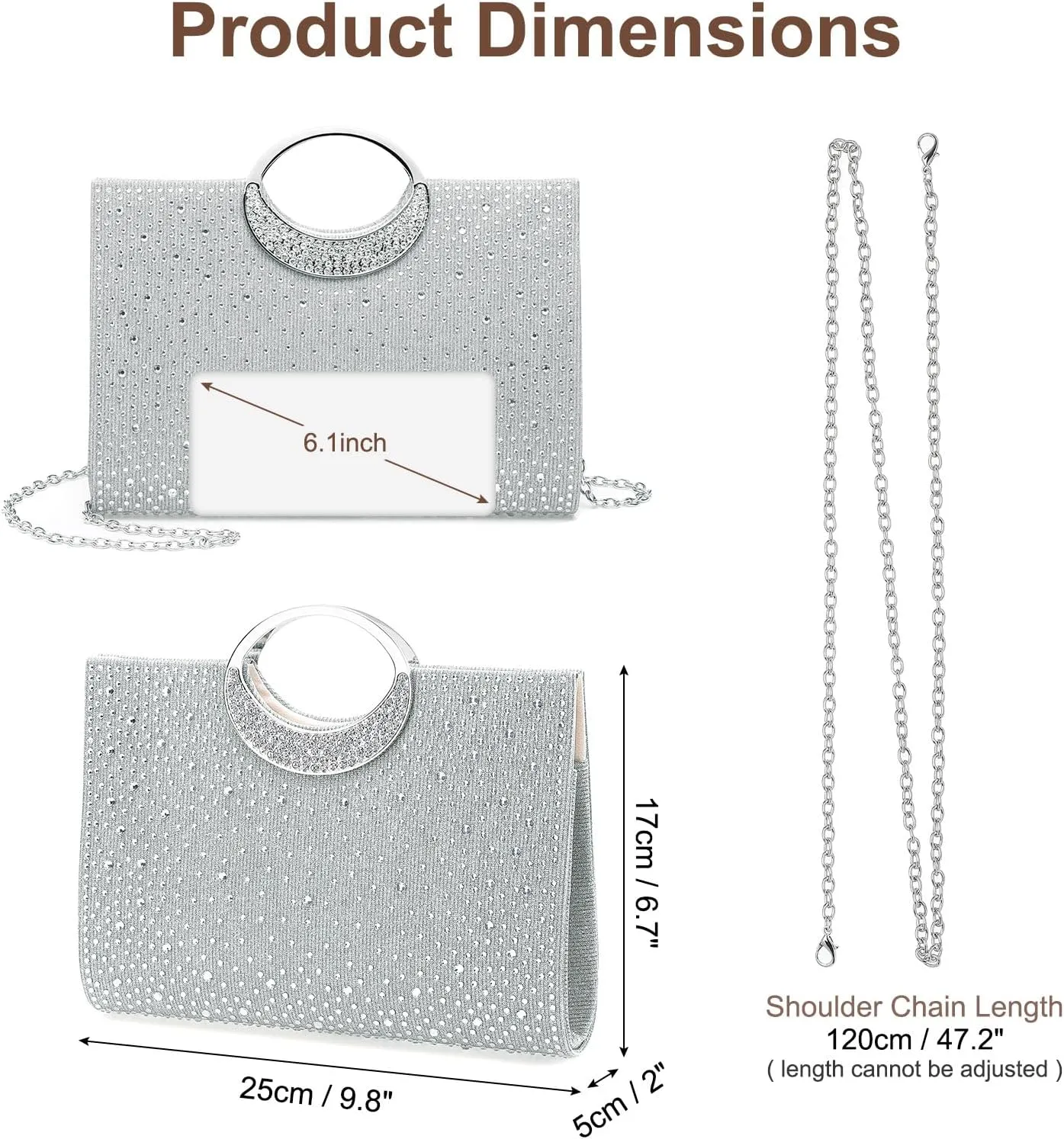 Evening Bags Clutch Purses for Women Formal, Rhinestone Handbags Purse CrossBody Handbag with Chain Sparkly for Wedding Guest Party, Silver