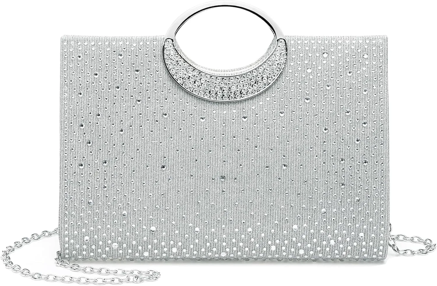 Evening Bags Clutch Purses for Women Formal, Rhinestone Handbags Purse CrossBody Handbag with Chain Sparkly for Wedding Guest Party, Silver