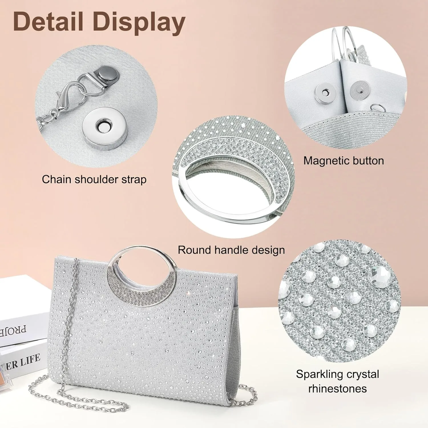 Evening Bags Clutch Purses for Women Formal, Rhinestone Handbags Purse CrossBody Handbag with Chain Sparkly for Wedding Guest Party, Silver