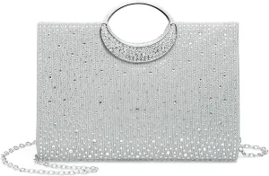 Evening Bags Clutch Purses for Women Formal, Rhinestone Handbags Purse CrossBody Handbag with Chain Sparkly for Wedding Guest Party, Silver