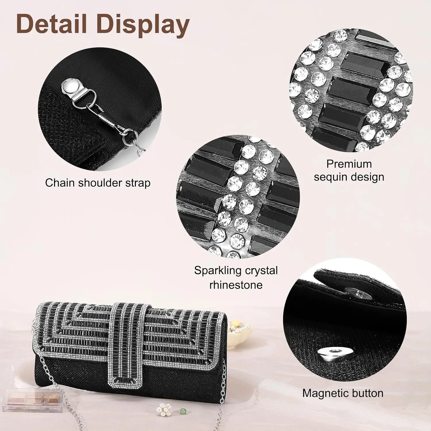 Evening Bags Clutch Purses for Women Formal, Sequin Rhinestone Handbags Sparkly Stylish for Disco Wedding Guest Party Black