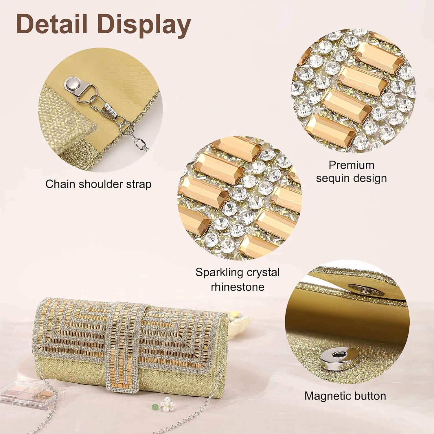 Evening Bags Clutch Purses for Women Formal, Sequin Rhinestone Handbags Sparkly Stylish for Disco Wedding Guest Party Gold