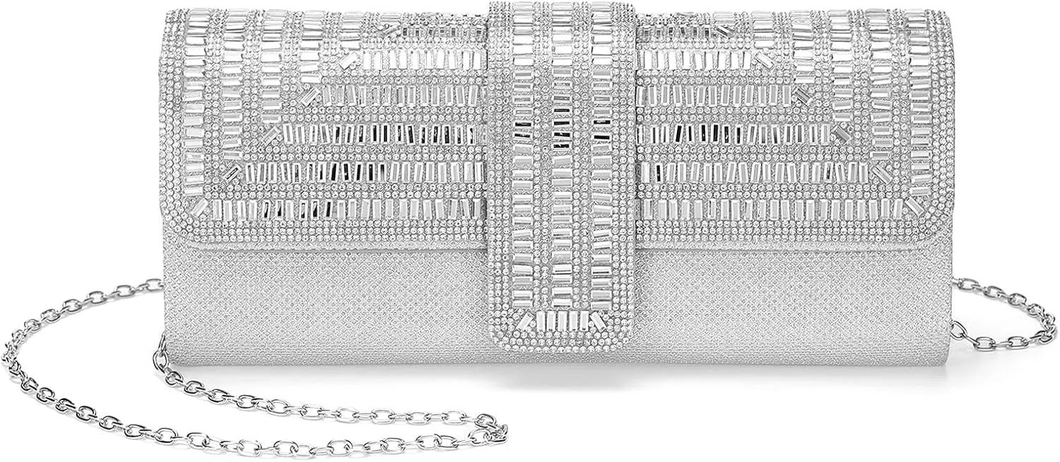 Evening Bags Clutch Purses for Women Formal, Sequin Rhinestone Handbags Sparkly Stylish for Disco Wedding Guest Party Silver