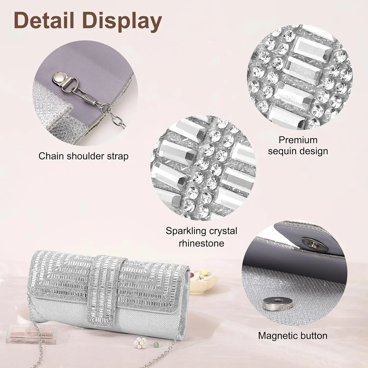 Evening Bags Clutch Purses for Women Formal, Sequin Rhinestone Handbags Sparkly Stylish for Disco Wedding Guest Party Silver