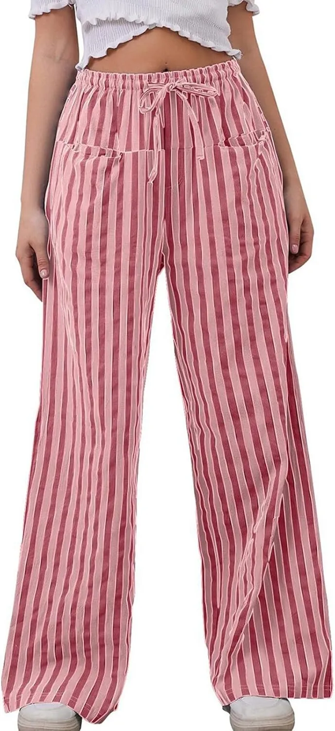 fanmpghleoo Drawstring Striped Pants Women Low Rise Wide Leg Pants Comfy Lounge Pants with Pockets Straight Leg Trousers