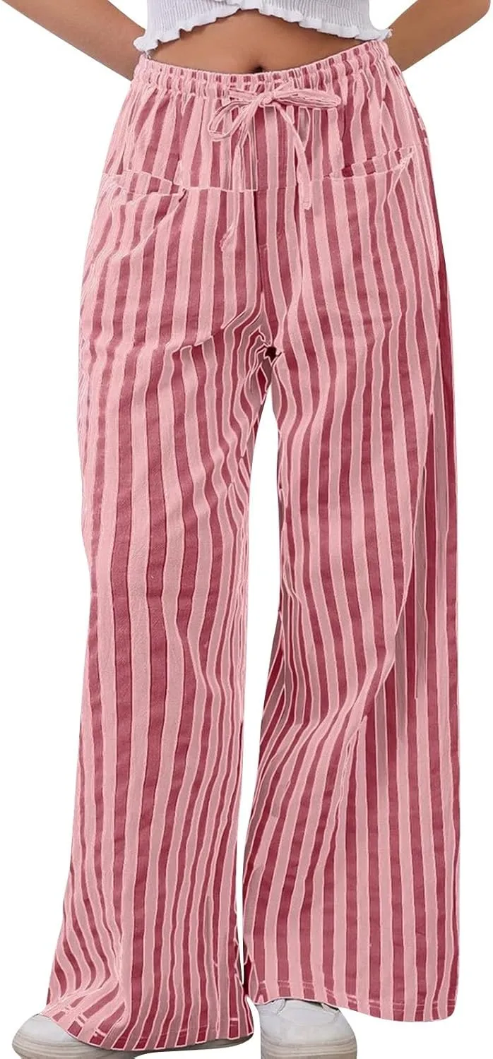 fanmpghleoo Drawstring Striped Pants Women Low Rise Wide Leg Pants Comfy Lounge Pants with Pockets Straight Leg Trousers