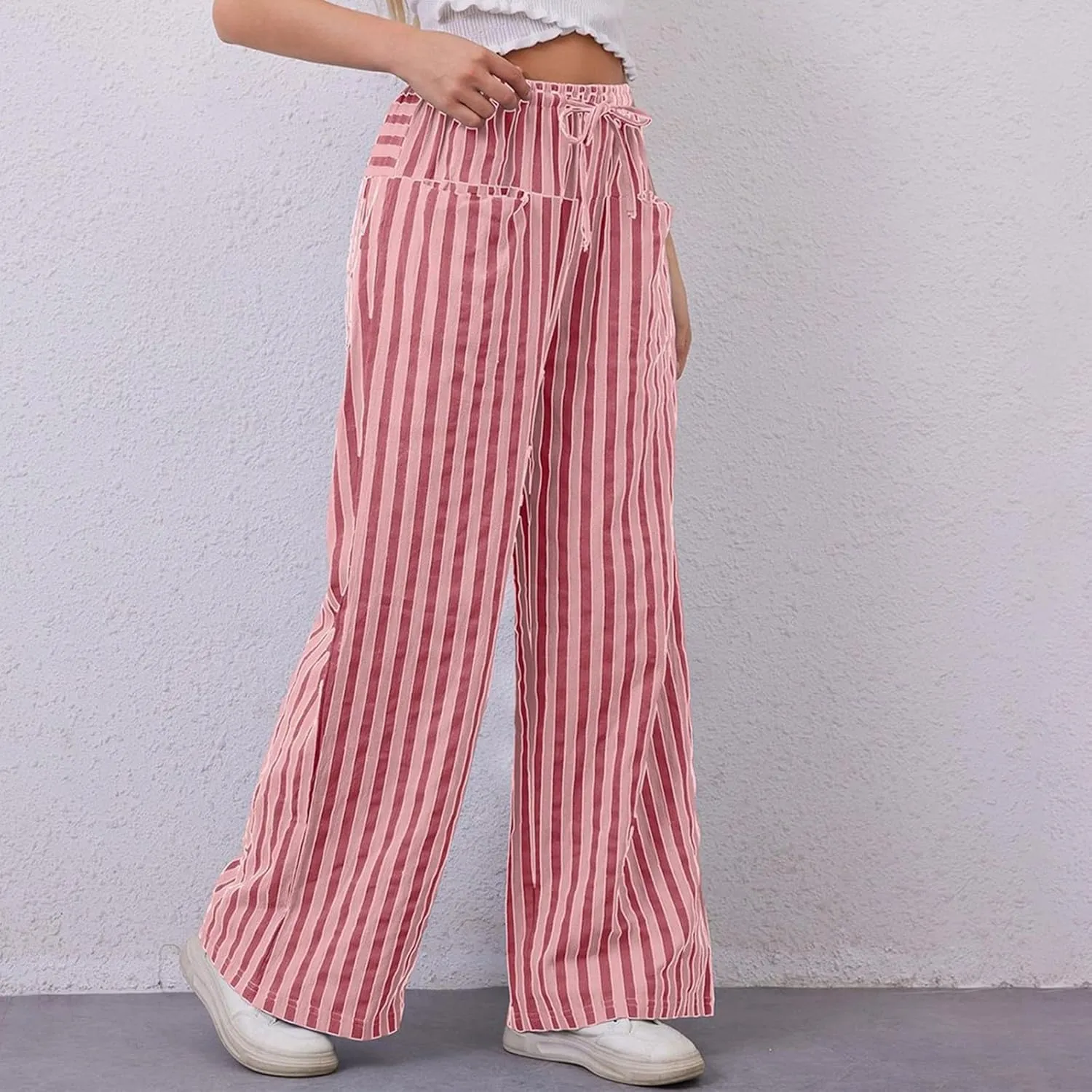 fanmpghleoo Drawstring Striped Pants Women Low Rise Wide Leg Pants Comfy Lounge Pants with Pockets Straight Leg Trousers