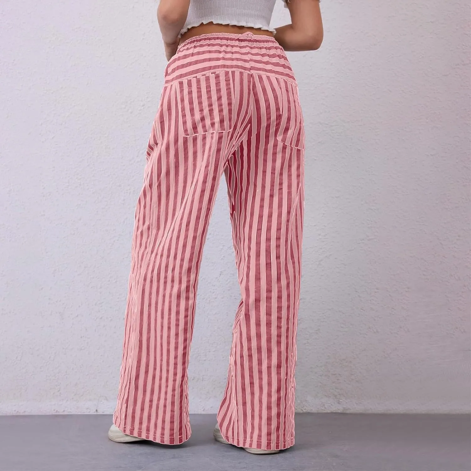 fanmpghleoo Drawstring Striped Pants Women Low Rise Wide Leg Pants Comfy Lounge Pants with Pockets Straight Leg Trousers