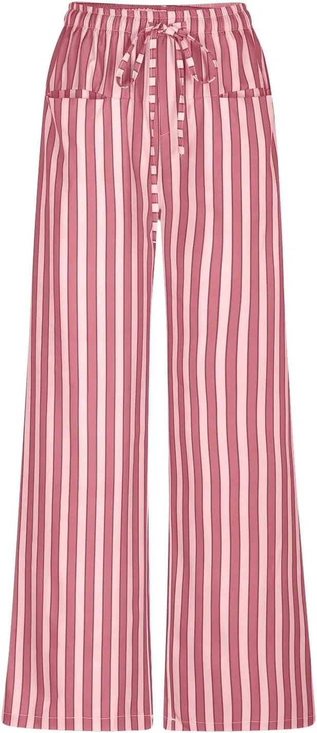 fanmpghleoo Drawstring Striped Pants Women Low Rise Wide Leg Pants Comfy Lounge Pants with Pockets Straight Leg Trousers