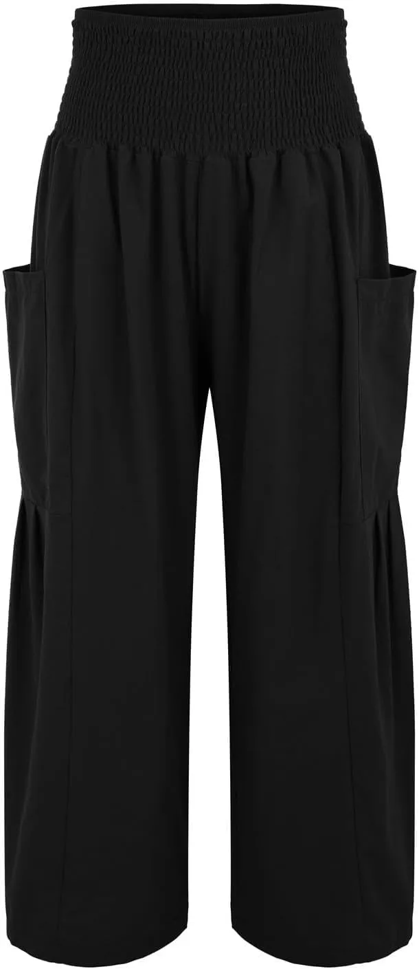 fanmpghleoo Harem Pants Women Smocked High Waisted Linen Pants Women Summer Linen Joggers with Pockets Wide Leg Yoga Pants