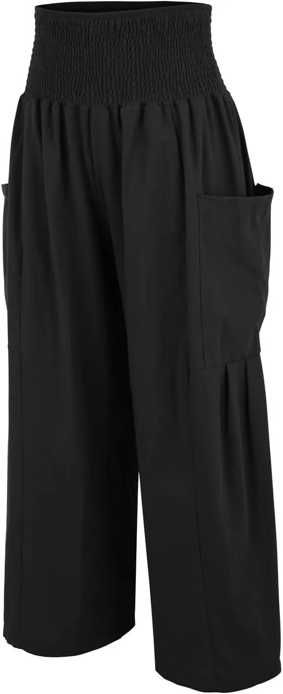fanmpghleoo Harem Pants Women Smocked High Waisted Linen Pants Women Summer Linen Joggers with Pockets Wide Leg Yoga Pants