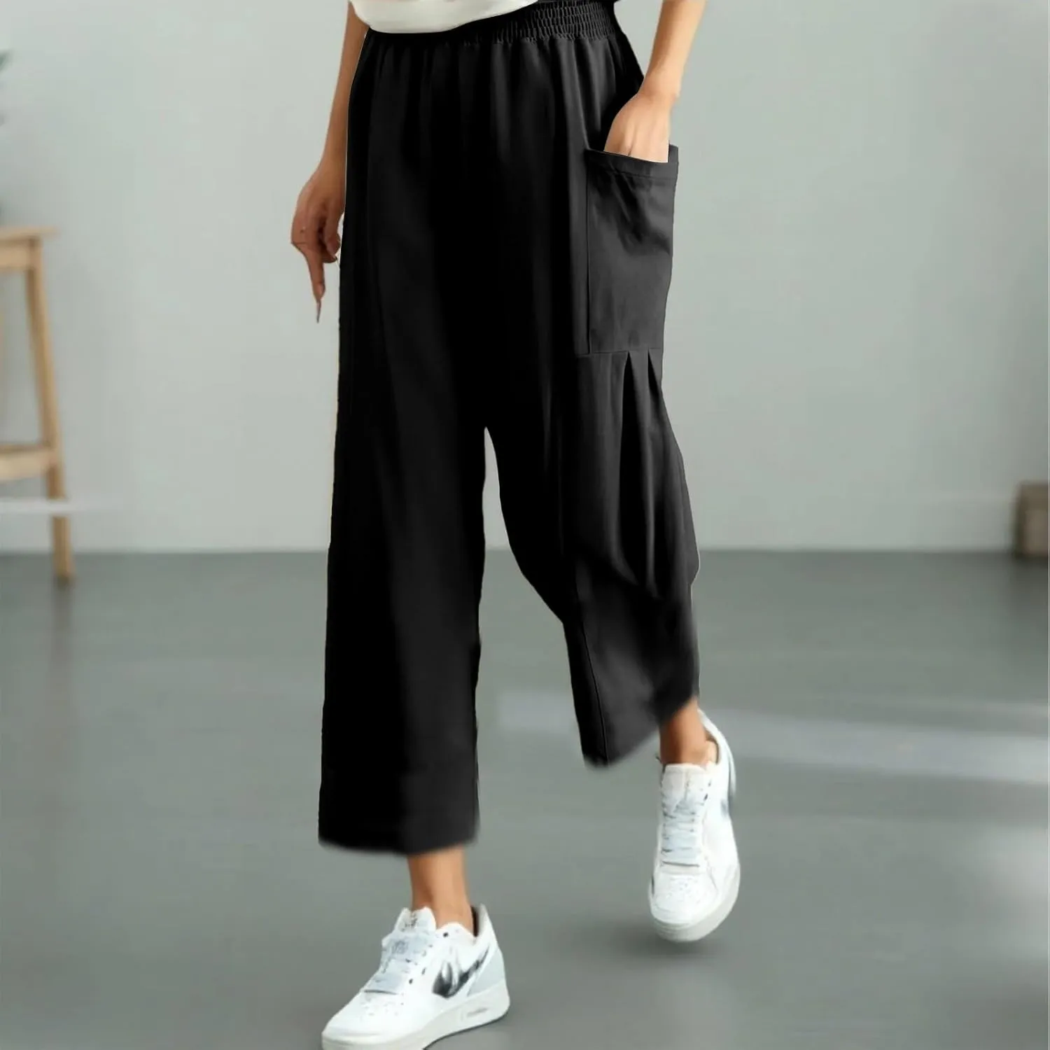 fanmpghleoo Harem Pants Women Smocked High Waisted Linen Pants Women Summer Linen Joggers with Pockets Wide Leg Yoga Pants