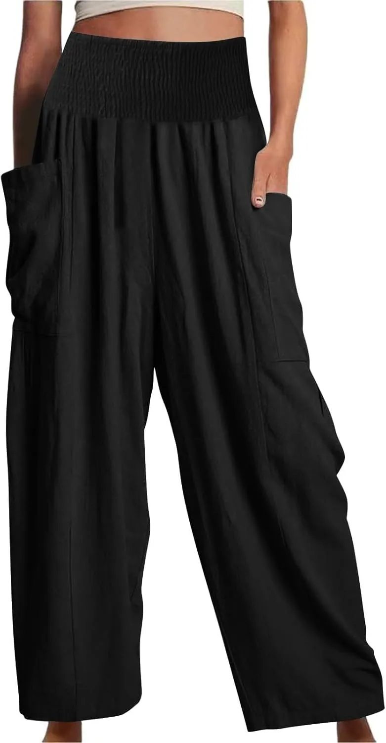 fanmpghleoo Harem Pants Women Smocked High Waisted Linen Pants Women Summer Linen Joggers with Pockets Wide Leg Yoga Pants