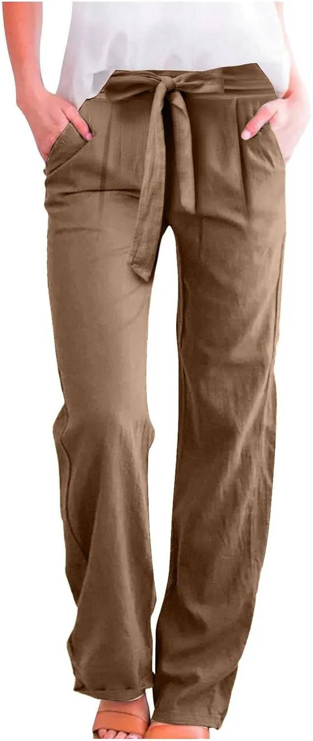 fanmpghleoo Linen Pants Women Summer Adjustable Tie Knot Straight Leg Trouser High Rise Lightweight Beach Pants with Pockets