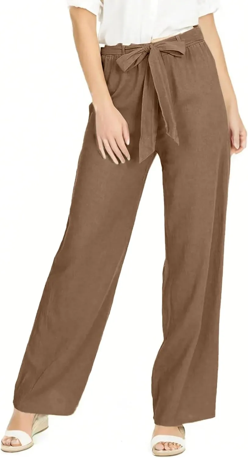 fanmpghleoo Linen Pants Women Summer Adjustable Tie Knot Straight Leg Trouser High Rise Lightweight Beach Pants with Pockets