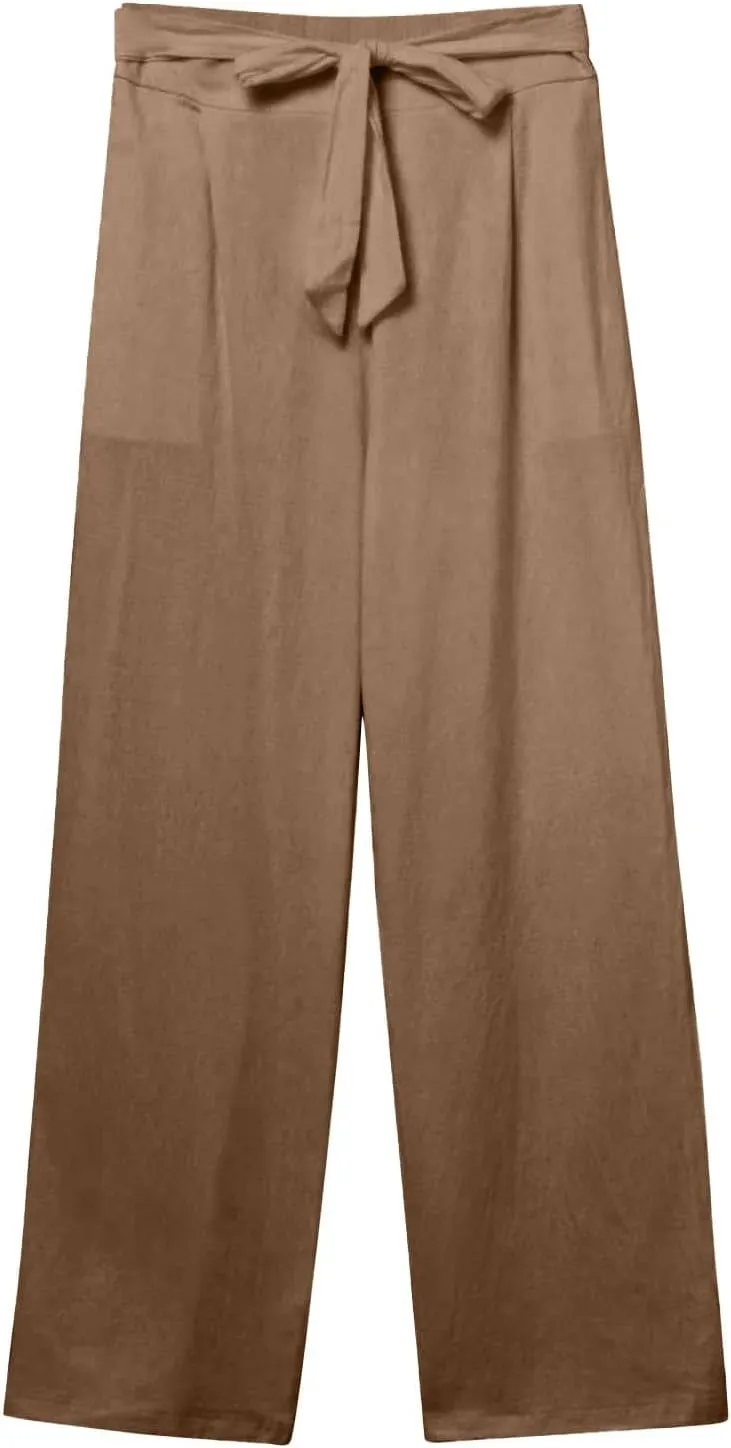 fanmpghleoo Linen Pants Women Summer Adjustable Tie Knot Straight Leg Trouser High Rise Lightweight Beach Pants with Pockets