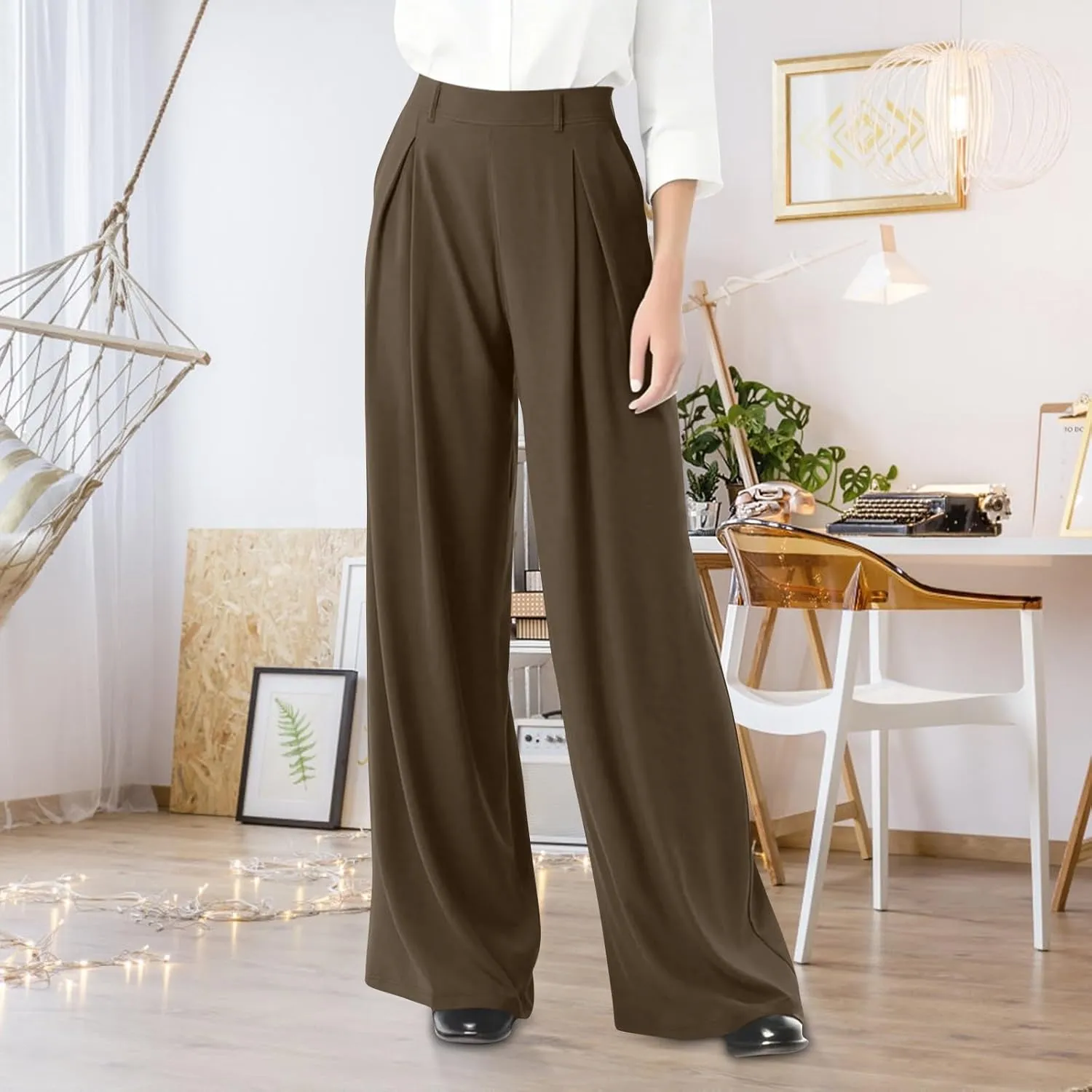 fanmpghleoo Pull On Dress Pants for Women Plus Size Wide Leg Palazzo Pants Dressy Casual Slacks Elastic High Waisted Trousers