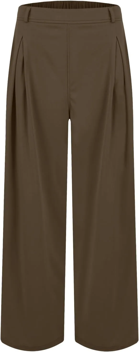 fanmpghleoo Pull On Dress Pants for Women Plus Size Wide Leg Palazzo Pants Dressy Casual Slacks Elastic High Waisted Trousers