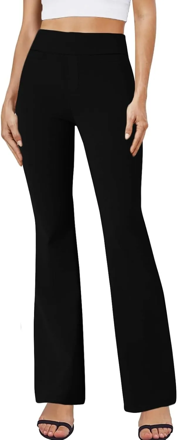 fanmpghleoo Pull On Dress Pants for Women Tummy Control Mini Flare Leggings with Pockets Stretchy Work Business Casual Slacks