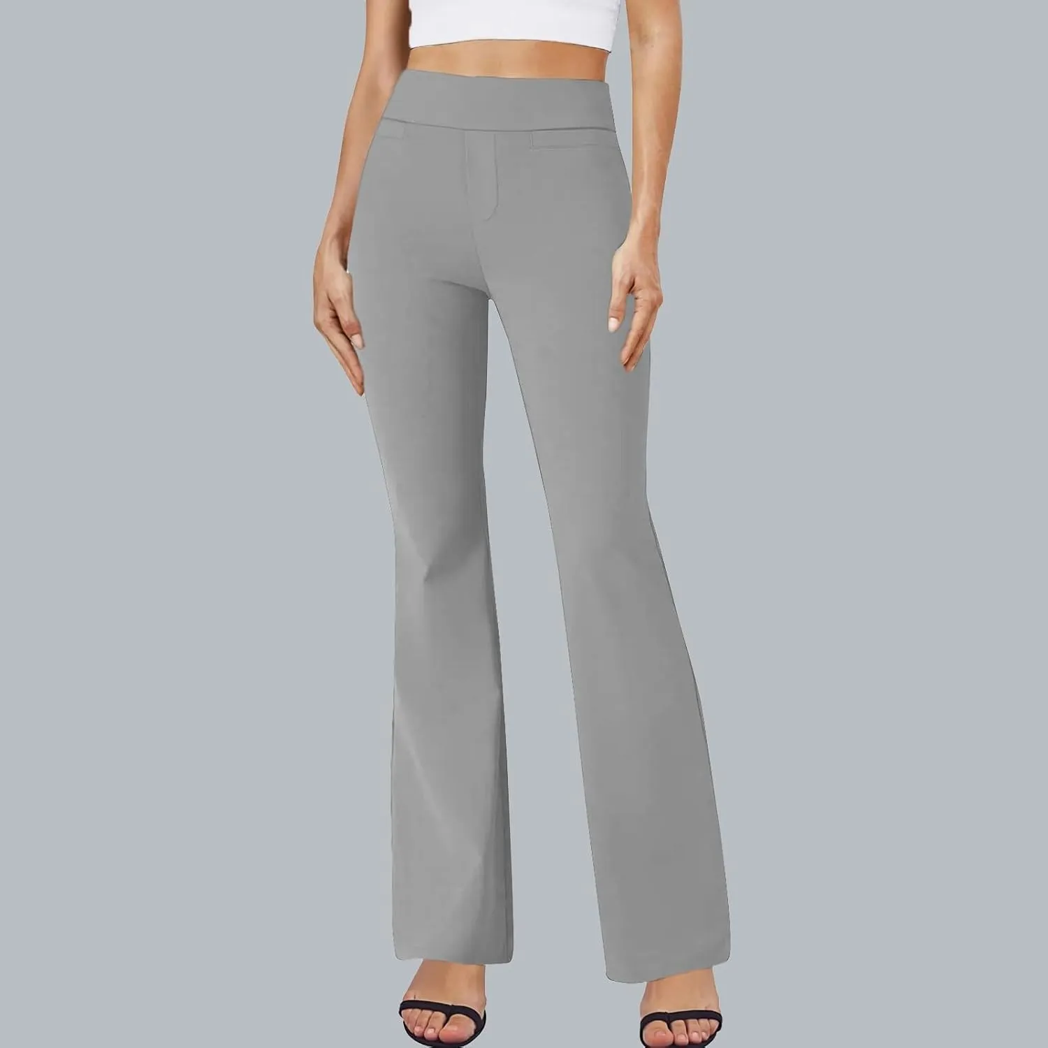 fanmpghleoo Pull On Dress Pants for Women Tummy Control Mini Flare Leggings with Pockets Stretchy Work Business Casual Slacks