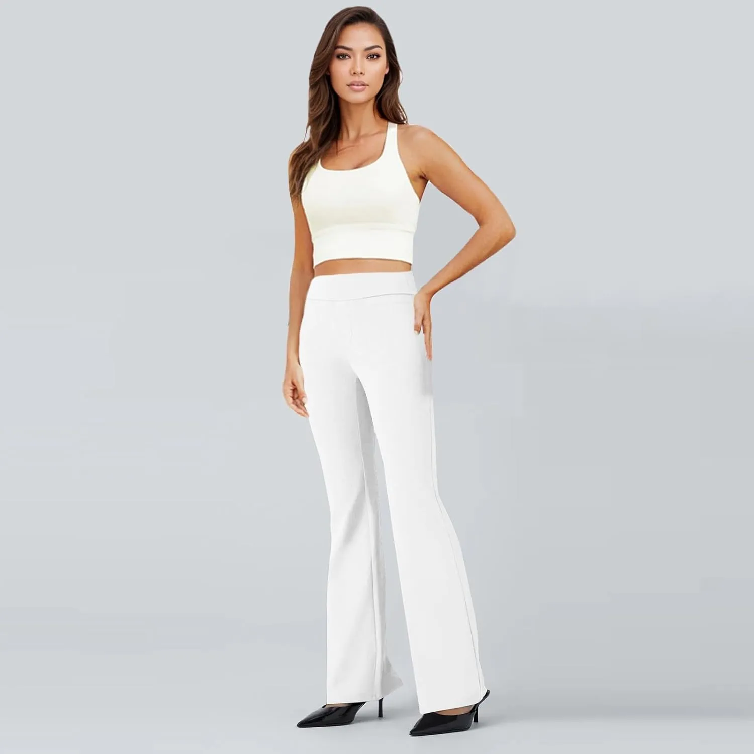 fanmpghleoo Pull On Dress Pants for Women Tummy Control Mini Flare Leggings with Pockets Stretchy Work Business Casual Slacks