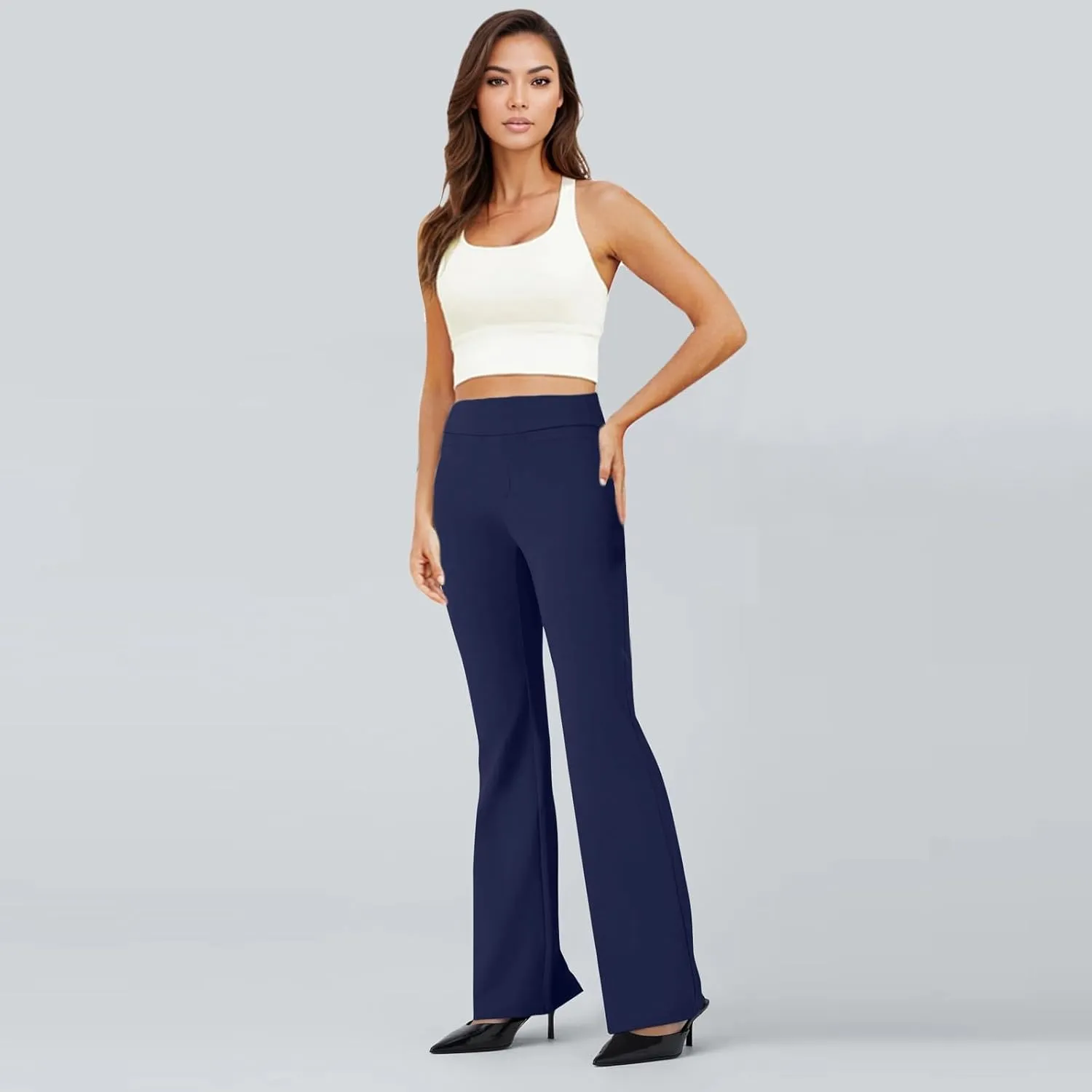fanmpghleoo Pull On Dress Pants for Women Tummy Control Mini Flare Leggings with Pockets Stretchy Work Business Casual Slacks