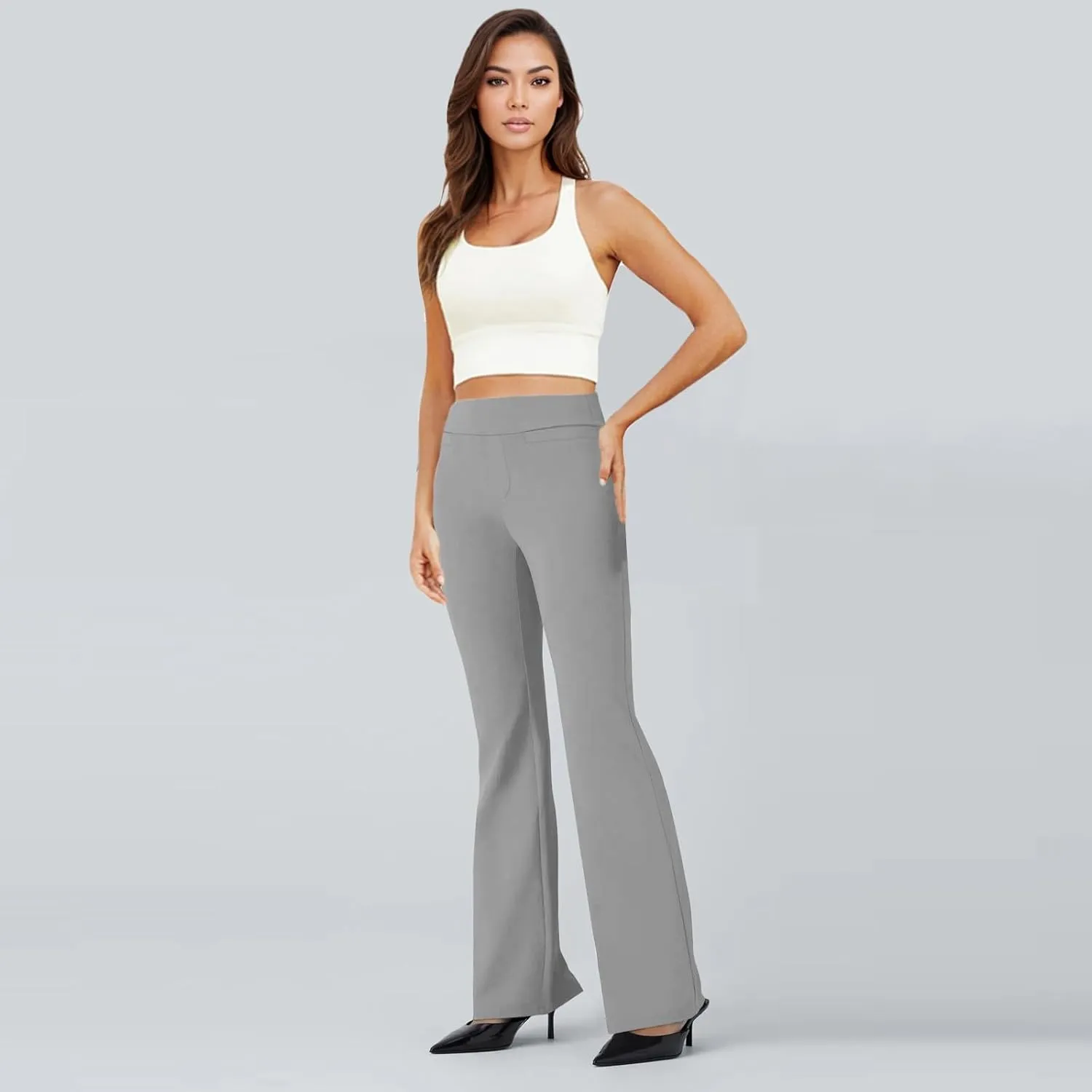 fanmpghleoo Pull On Dress Pants for Women Tummy Control Mini Flare Leggings with Pockets Stretchy Work Business Casual Slacks