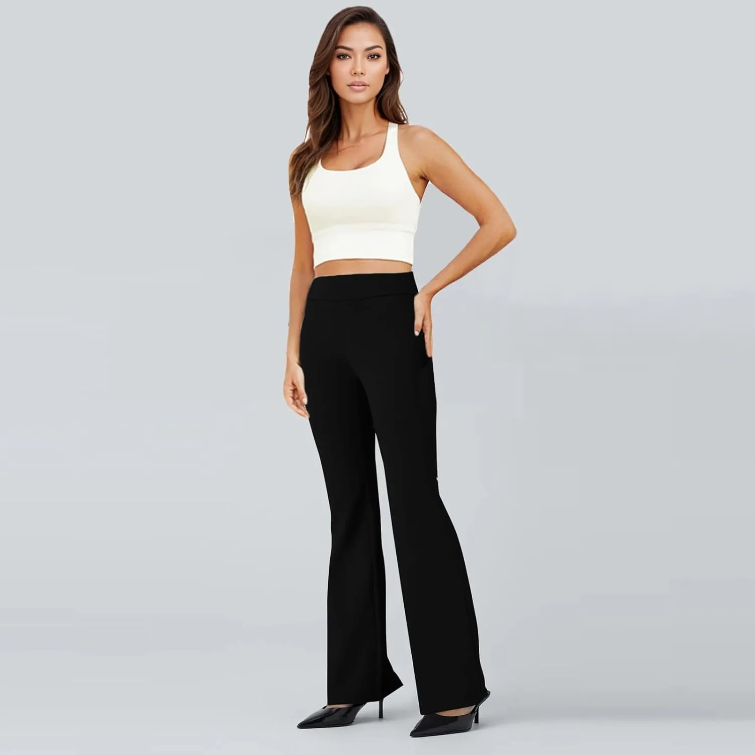 fanmpghleoo Pull On Dress Pants for Women Tummy Control Mini Flare Leggings with Pockets Stretchy Work Business Casual Slacks