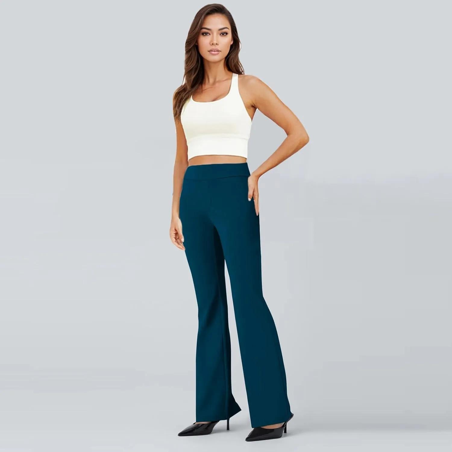 fanmpghleoo Pull On Dress Pants for Women Tummy Control Mini Flare Leggings with Pockets Stretchy Work Business Casual Slacks