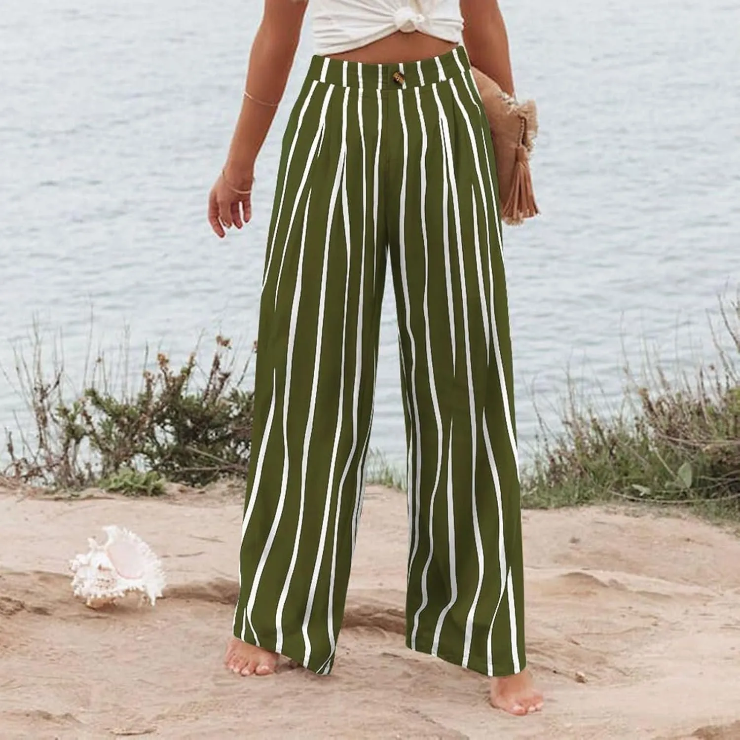 fanmpghleoo Striped Linen Pants Women Elastic Waist Wide Leg Lounge Pants with Pockets Casual Trendy Linen Palazzo Trousers