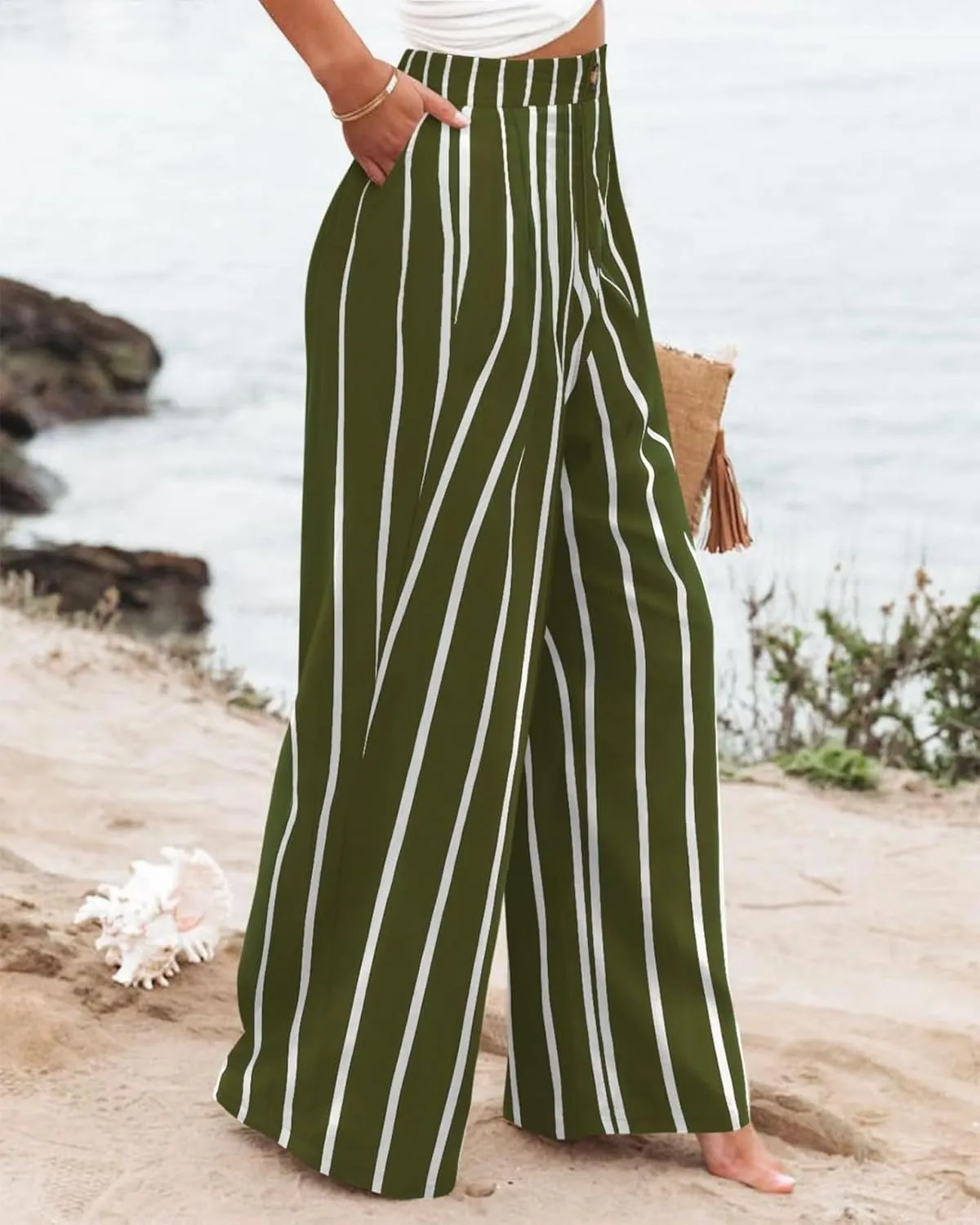 fanmpghleoo Striped Linen Pants Women Elastic Waist Wide Leg Lounge Pants with Pockets Casual Trendy Linen Palazzo Trousers