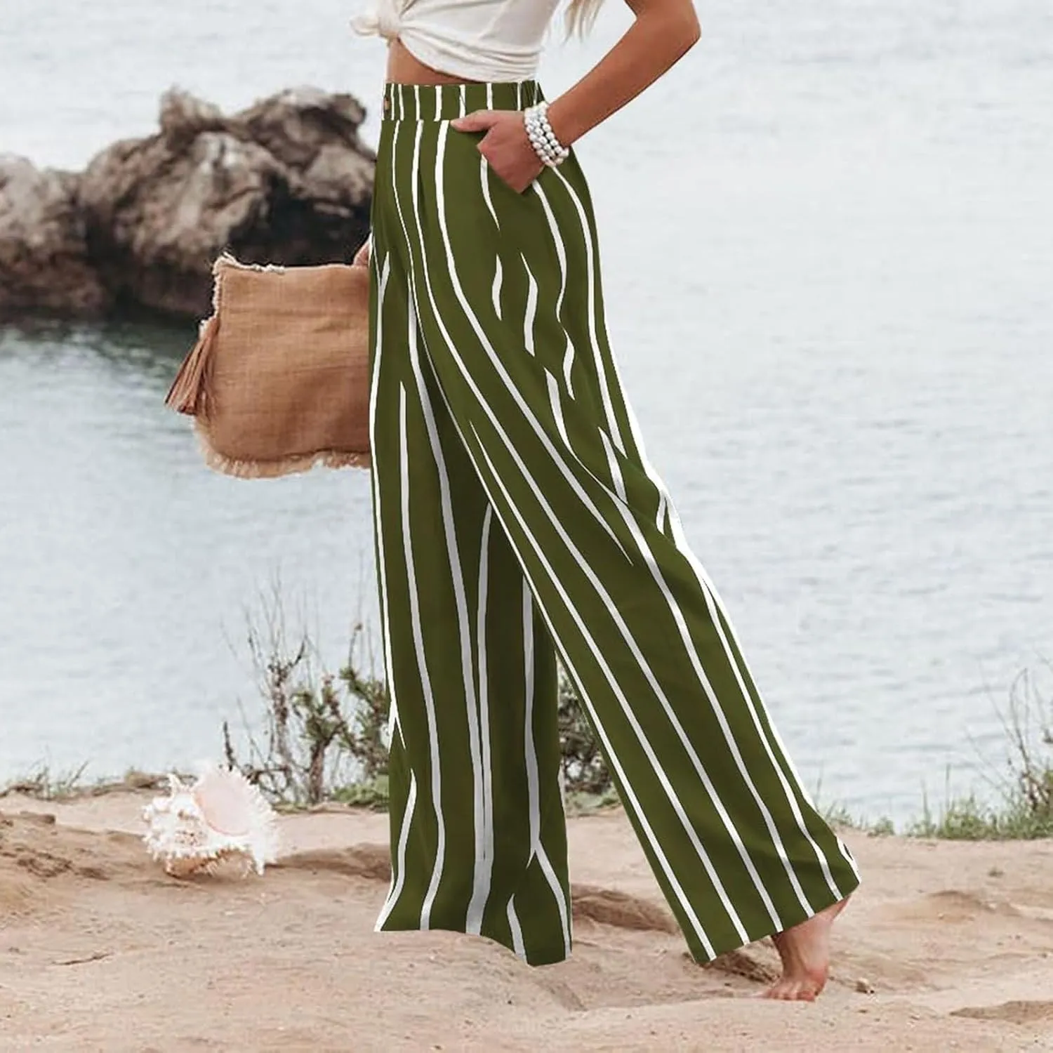 fanmpghleoo Striped Linen Pants Women Elastic Waist Wide Leg Lounge Pants with Pockets Casual Trendy Linen Palazzo Trousers