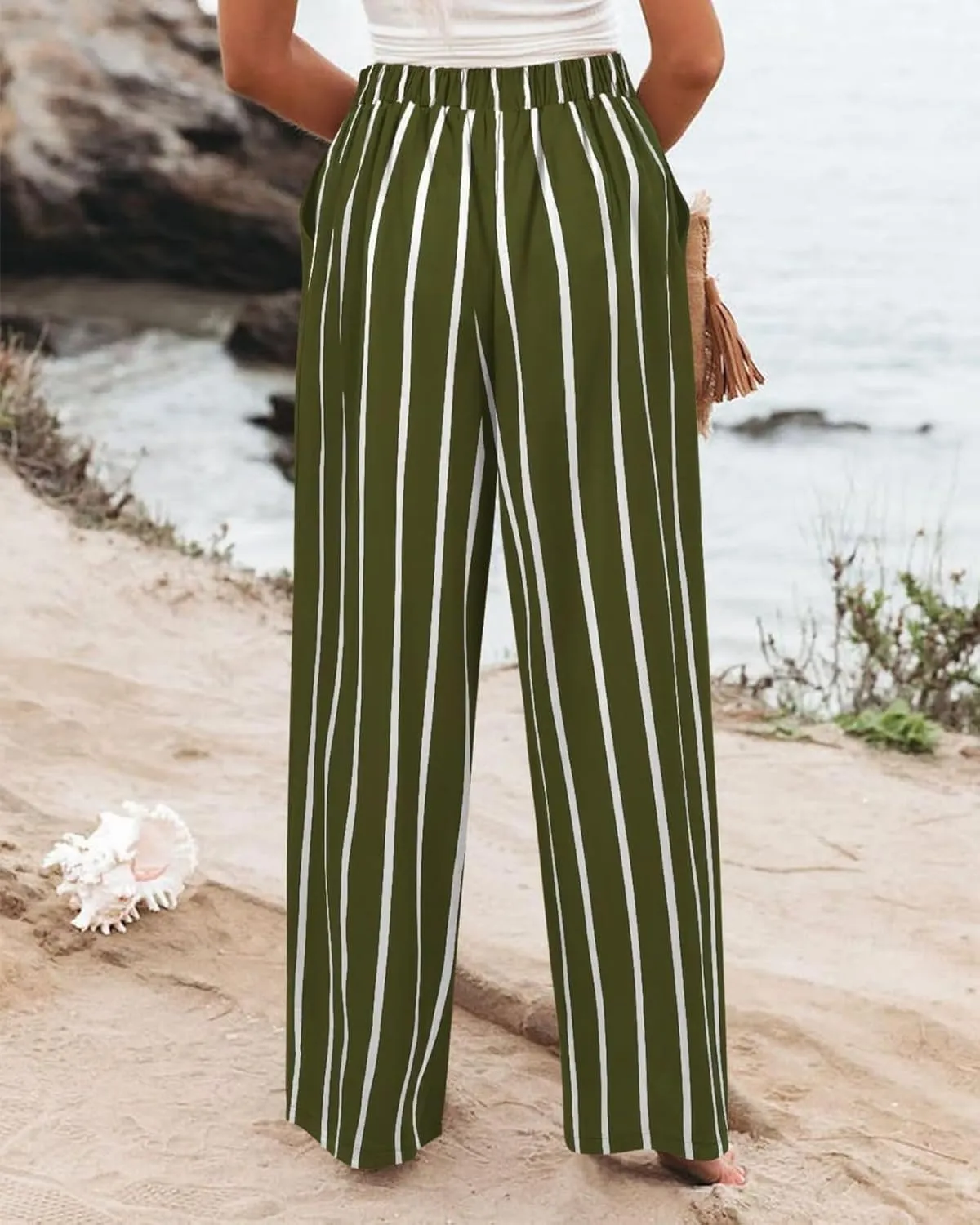 fanmpghleoo Striped Linen Pants Women Elastic Waist Wide Leg Lounge Pants with Pockets Casual Trendy Linen Palazzo Trousers