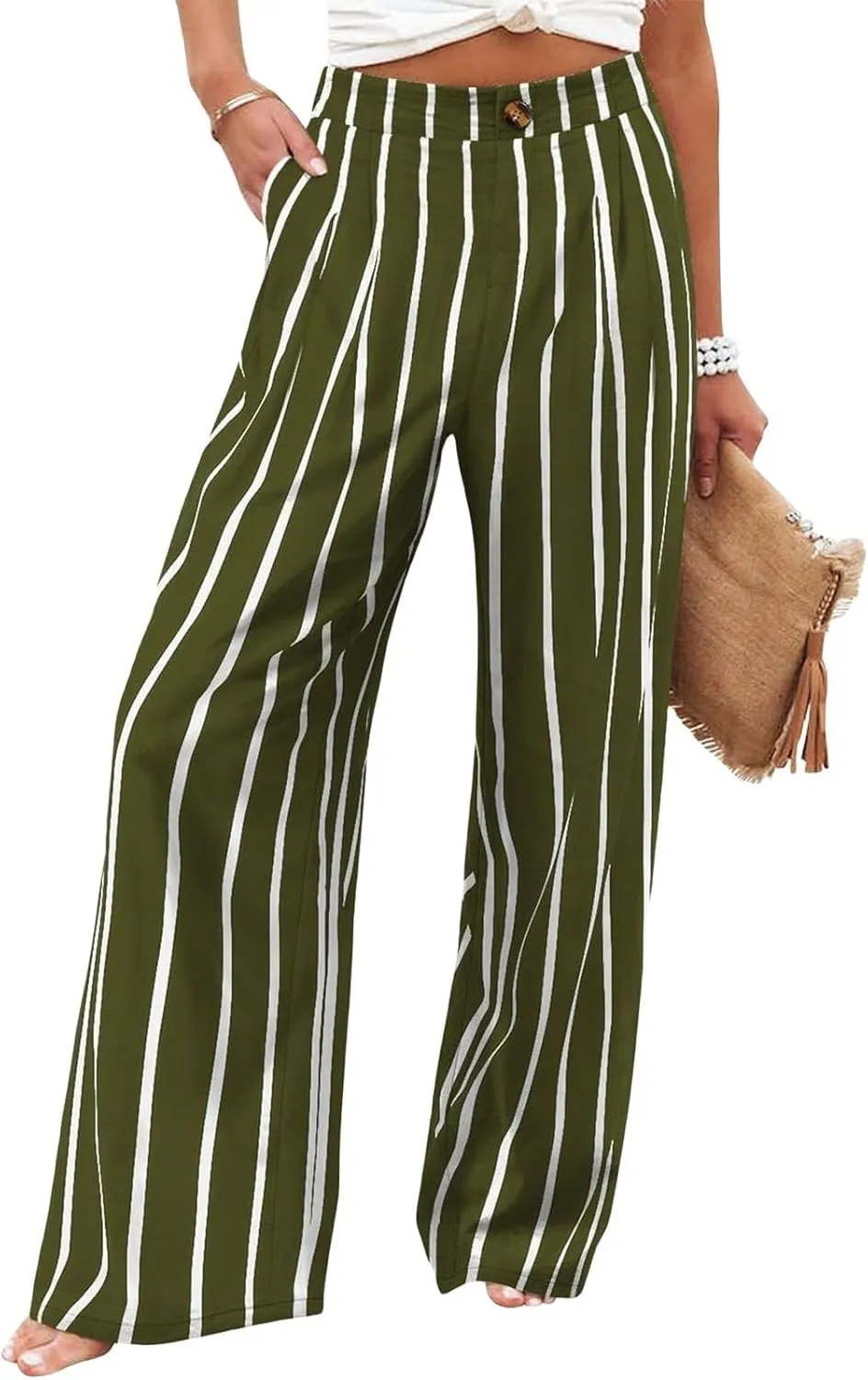 fanmpghleoo Striped Linen Pants Women Elastic Waist Wide Leg Lounge Pants with Pockets Casual Trendy Linen Palazzo Trousers
