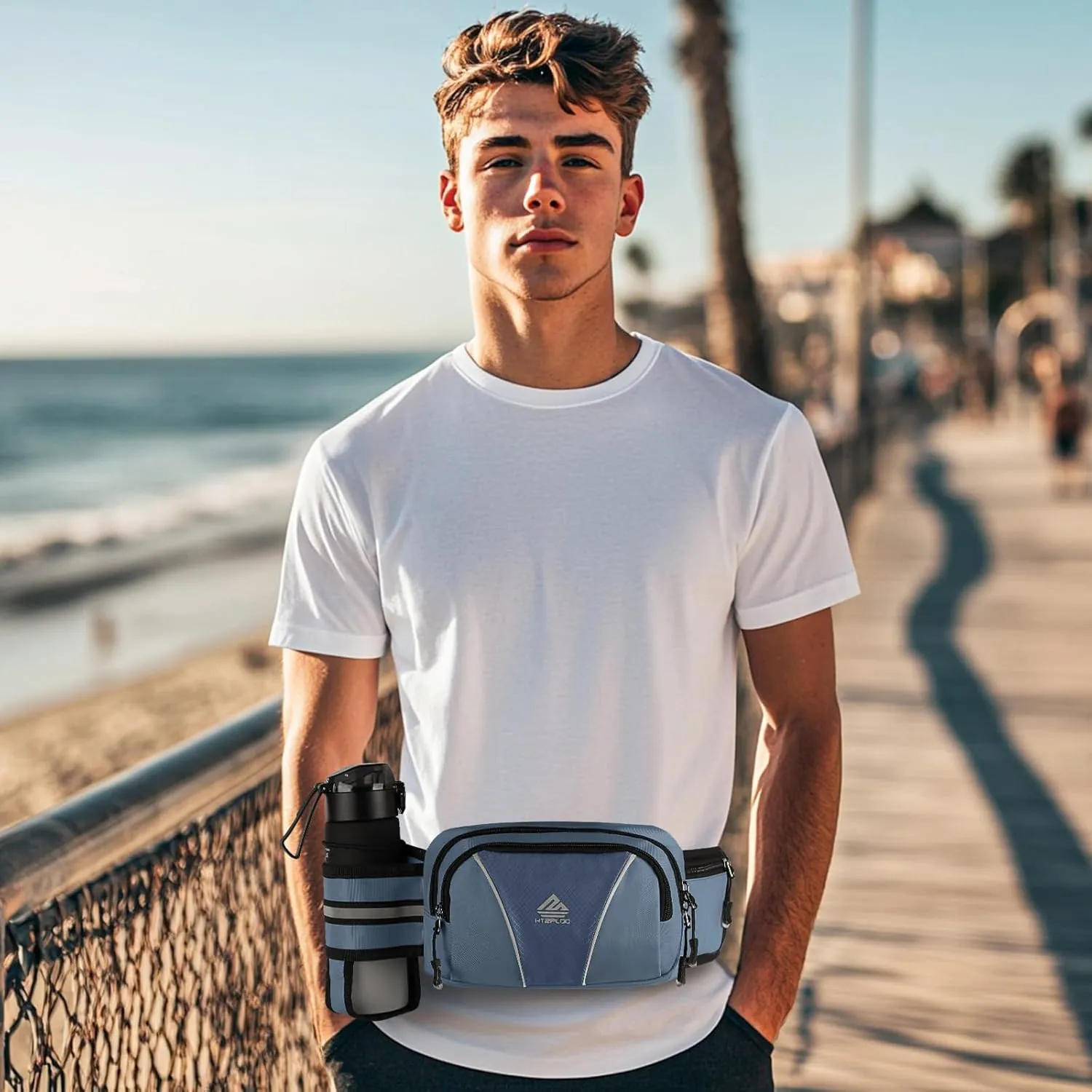 Fanny Pack for Men Women Waist Bag with Water Bottle Holder for Hiking, travel,Dog Walking, Workout,Cycling (Dark Blue)