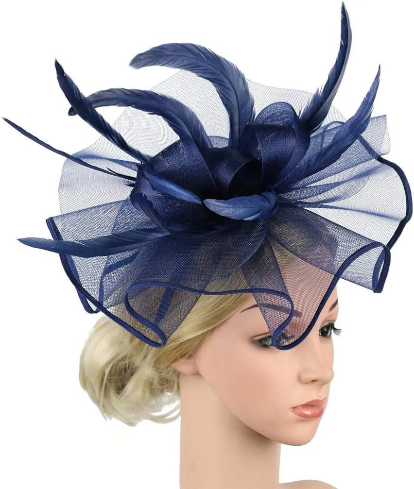 Fascinator Hats Flower Headband Feather Mesh Tea Party Wedding Hair Clip Headwear for Women