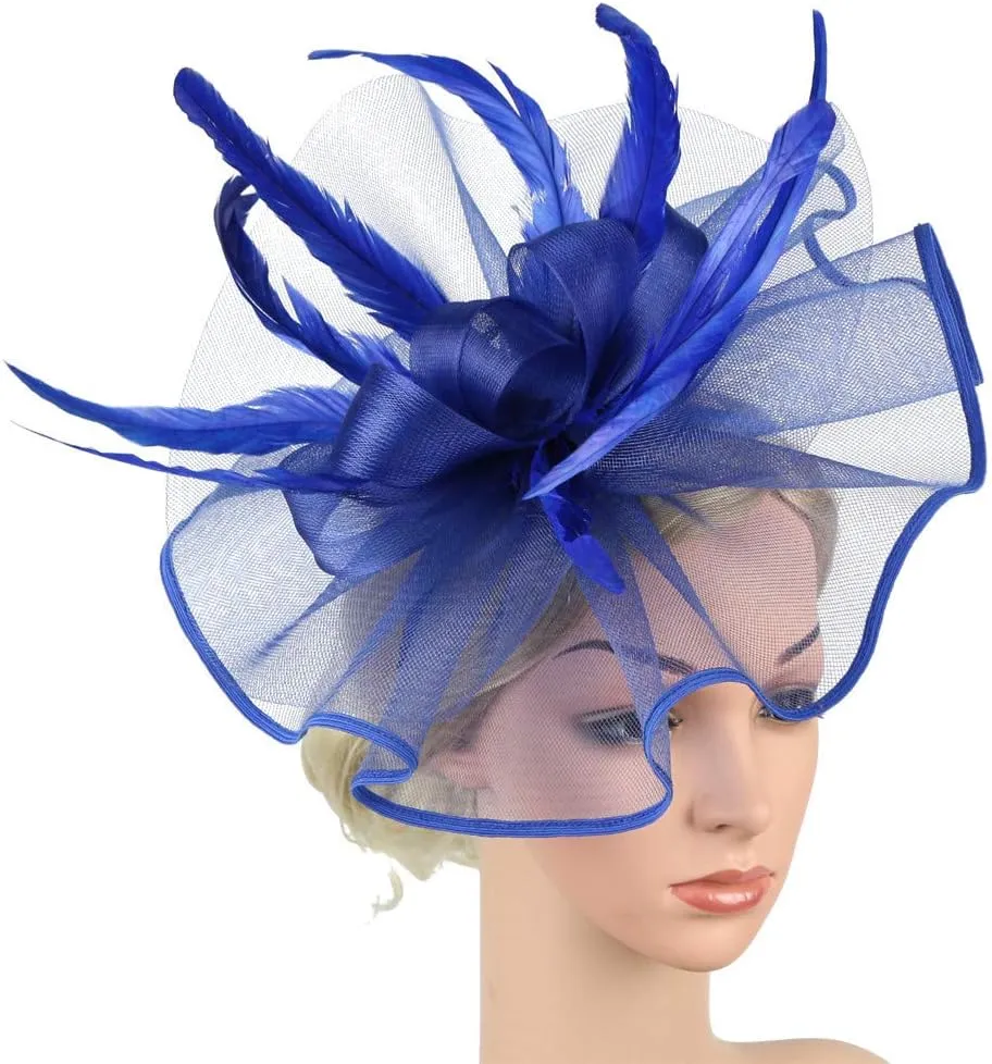 Fascinator Hats Flower Headband Feather Mesh Tea Party Wedding Hair Clip Headwear for Women