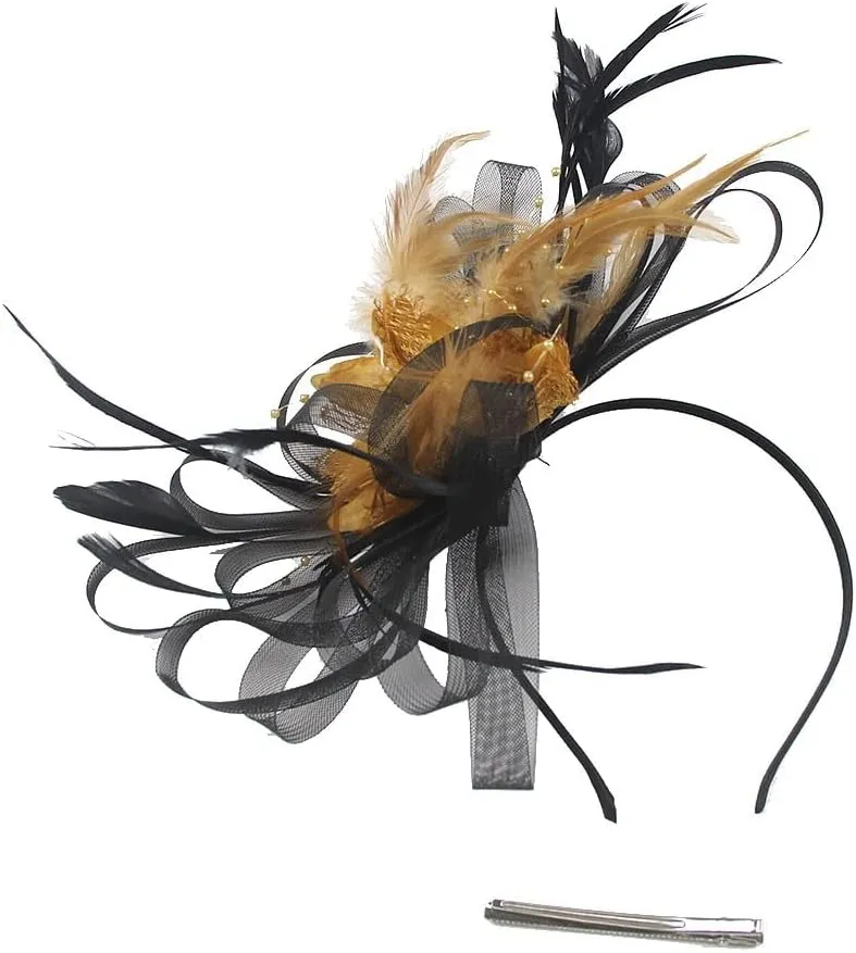 Fascinators Hat Flower Mesh Ribbons Feathers Headband and a Clip Tea Party Headwear for Girls and Women