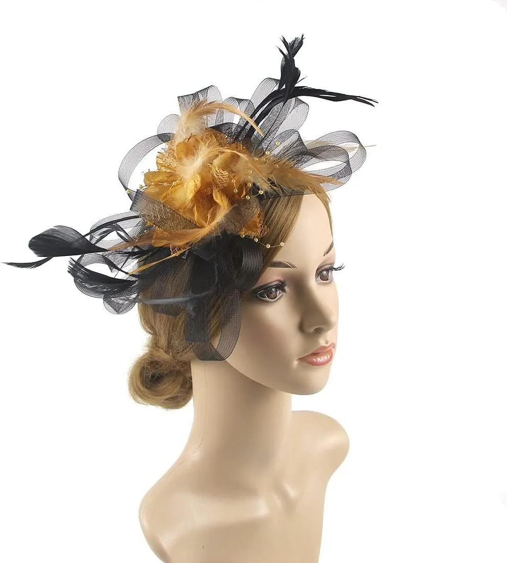 Fascinators Hat Flower Mesh Ribbons Feathers Headband and a Clip Tea Party Headwear for Girls and Women