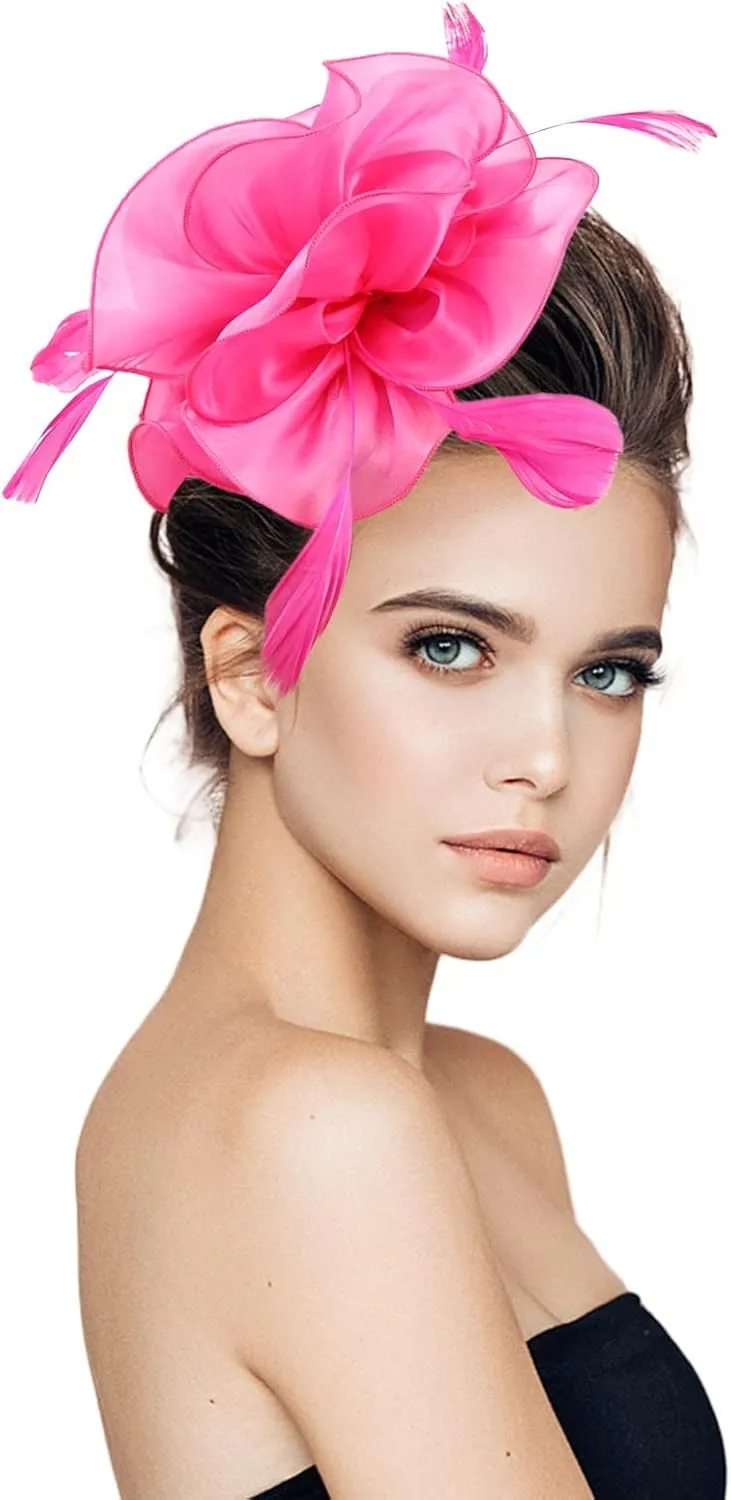 Fascinators Hat for Women Tea Party Mesh Ribbons Feathers Headband Bridal Cocktail Hair Clip (Hot Pink, One Size)