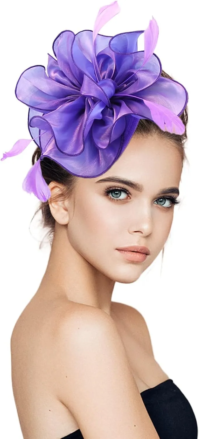 Fascinators Hat for Women Tea Party Mesh Ribbons Feathers Headband Bridal Cocktail Hair Clip (Purple, One Size)