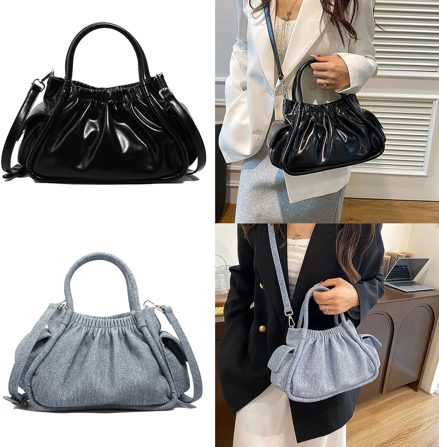 Fashion Pleated Clouds Shaped Handbag for Women PU Leather Shoulder Satchel Crossbody Bag Purse with Adjustable Strap