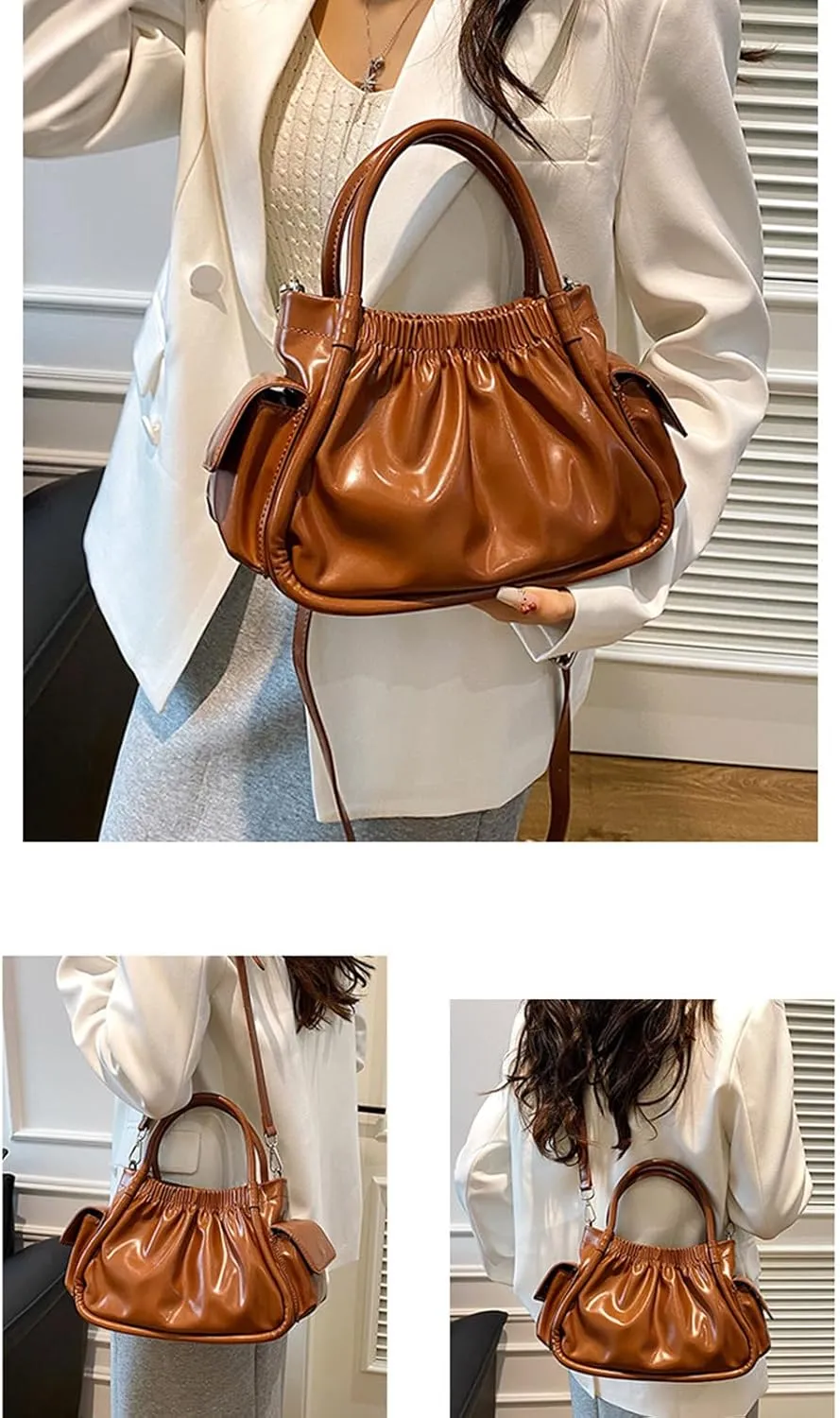 Fashion Pleated Clouds Shaped Handbag for Women PU Leather Shoulder Satchel Crossbody Bag Purse with Adjustable Strap
