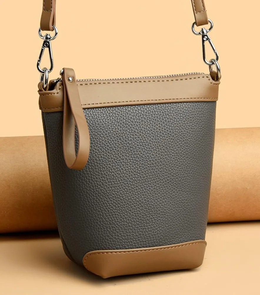 Fashion PU Leather Shoulder Tote Bag for Women Small Bucket Crossbody Purse Handbags Casual Top Handle Satchel