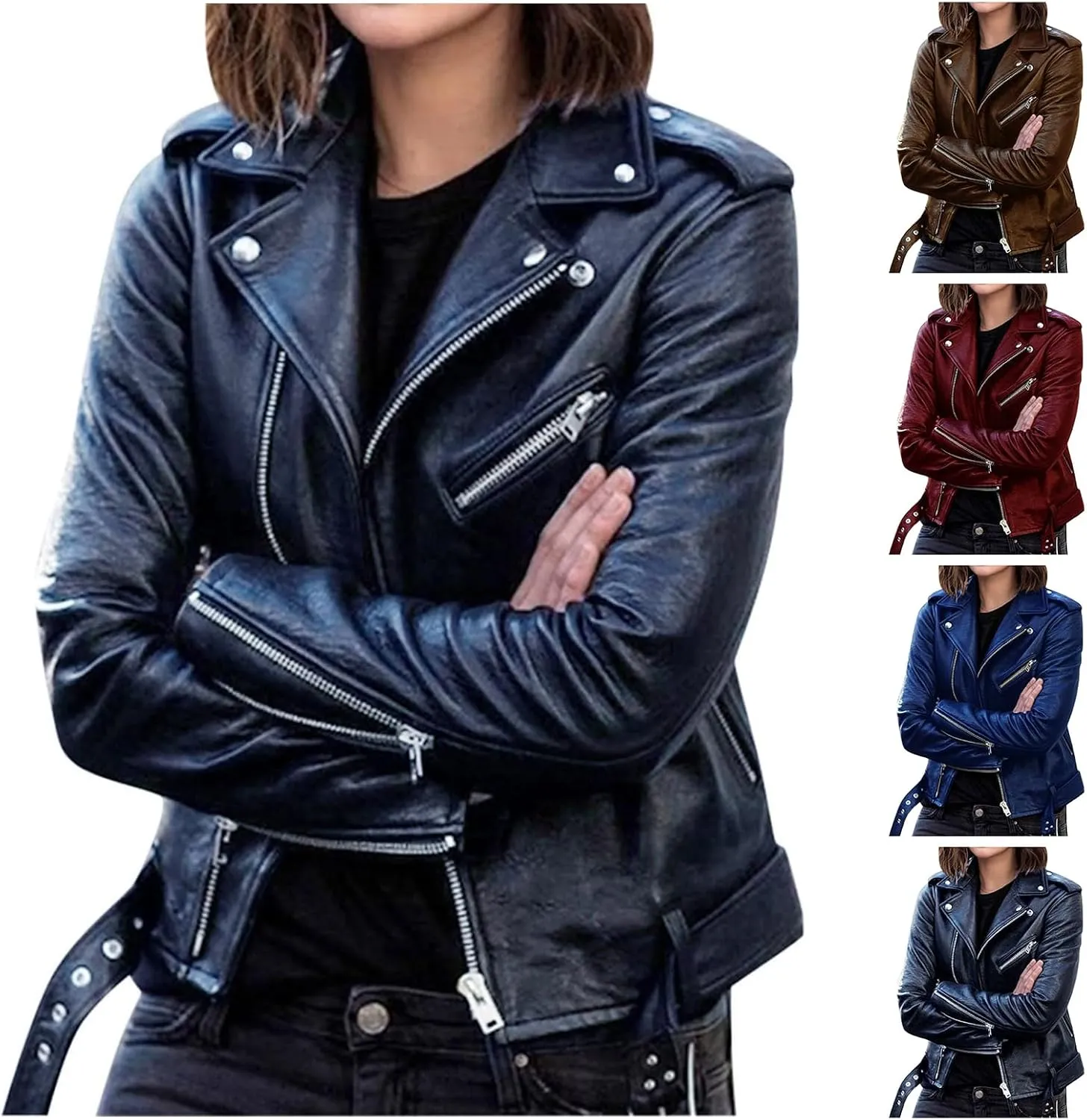 Faux Leather Jacket for Women Zip Up Cropped PU Moto Jackets Belted Slim Fit Lightweight Outwear Coats with Pockets