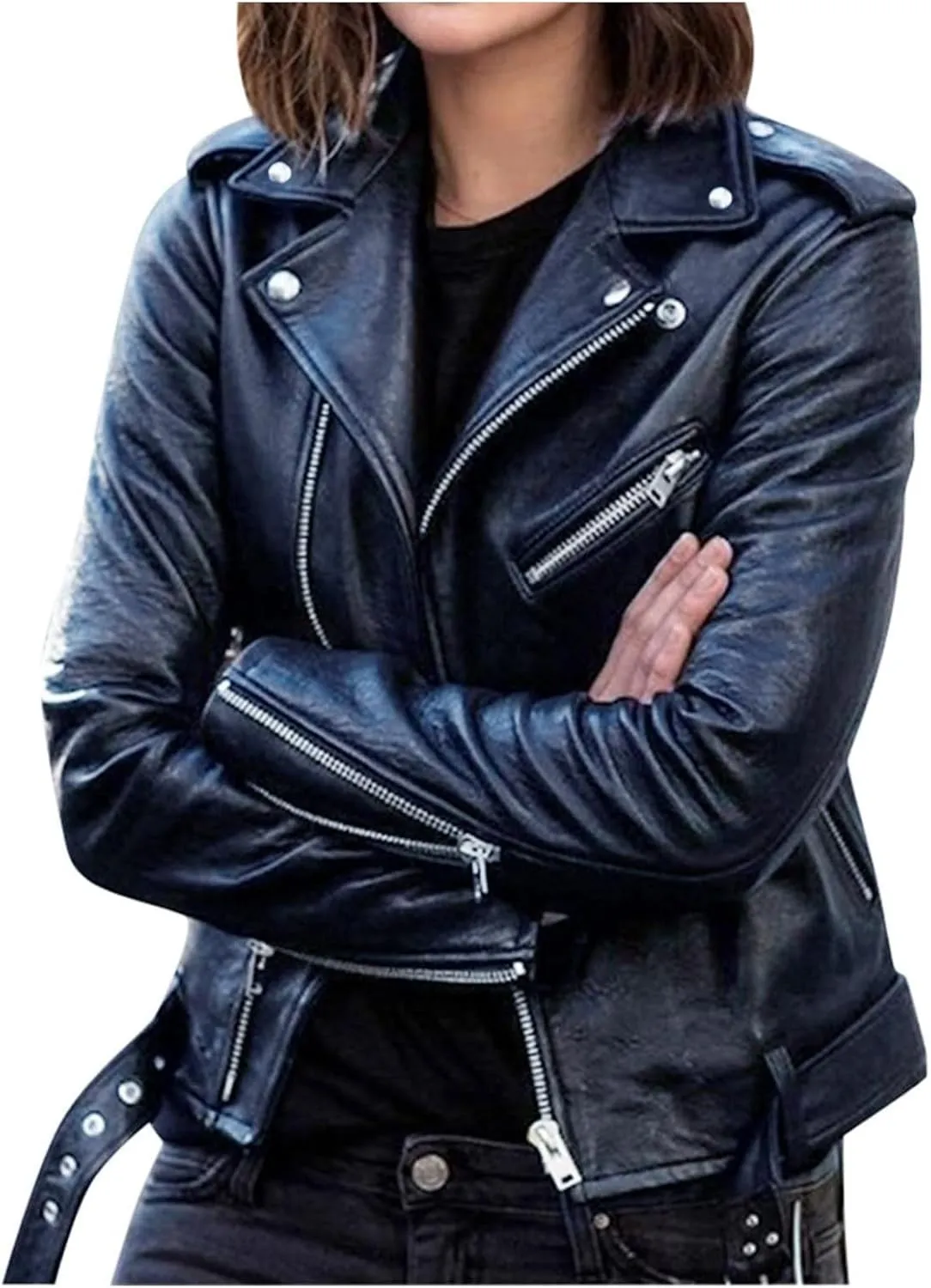 Faux Leather Jacket for Women Zip Up Cropped PU Moto Jackets Belted Slim Fit Lightweight Outwear Coats with Pockets
