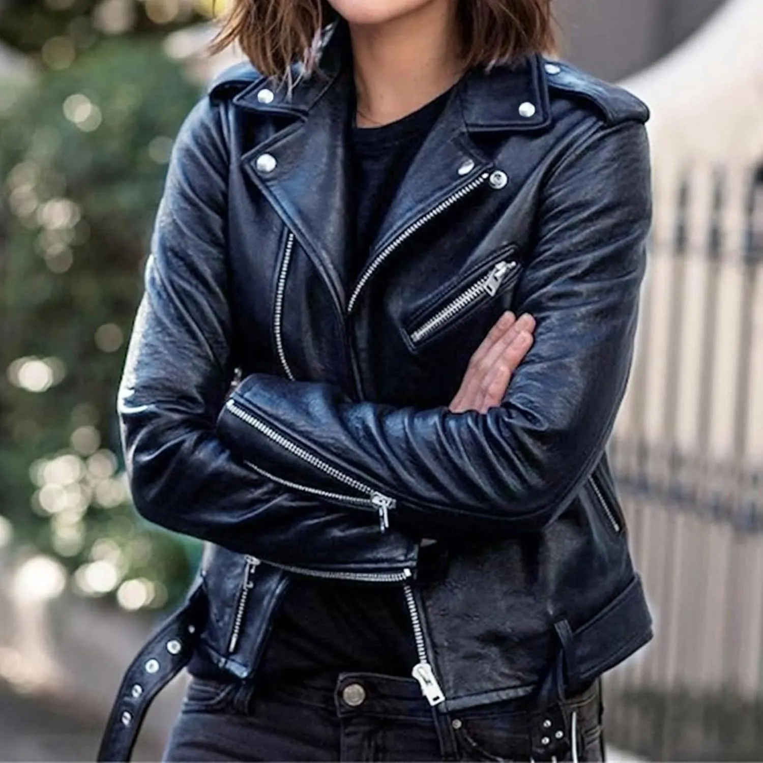 Faux Leather Jacket for Women Zip Up Cropped PU Moto Jackets Belted Slim Fit Lightweight Outwear Coats with Pockets
