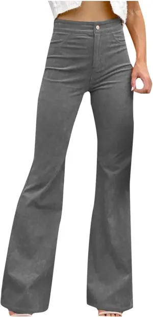 Flare Corduroy Pants for Women High Waisted Velvet Wide Leg Trousers Vintage Bell Bottom Leggings