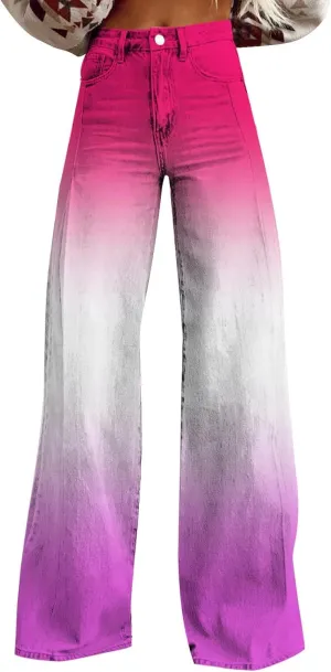Flare Jeans for Women Wide Leg Jeans Woman Vintage Floral Print High Waisted Straight Stretch Pants with Pockets